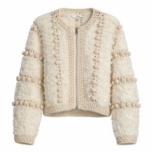 FRAME Pom Pom Zip Cardigan Size Small Cream Wool Blend